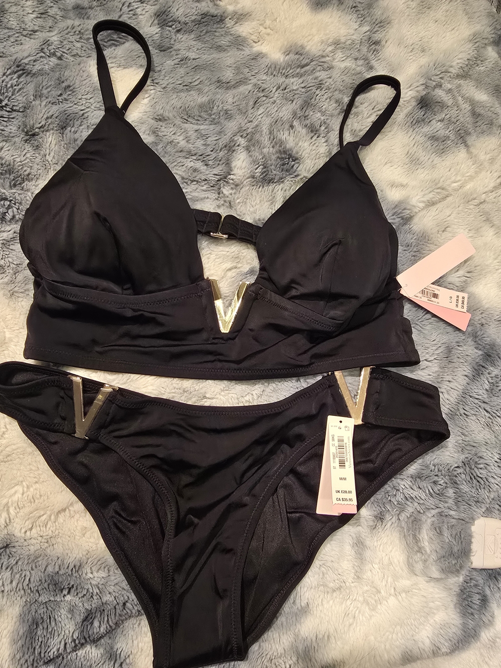 Victoria's Secret Black Bikini Set with Gold V Accent